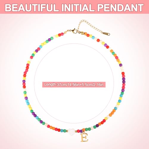 Initial Beaded Necklace, Colorful Cute Beaded Necklace with Heart Shells Stylish Letter Pendant Necklace Handmade Personalized A-Z Gifts for Women Girls (Letter E), 10248202