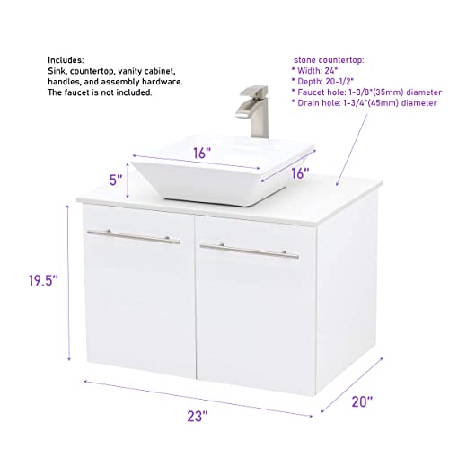 Windbay Wall Mount Floating Bathroom Vanity Sink Set, White Embossed Texture Vanity, White Flat Stone Countertop Ceramic Sink - 24" #TOP1