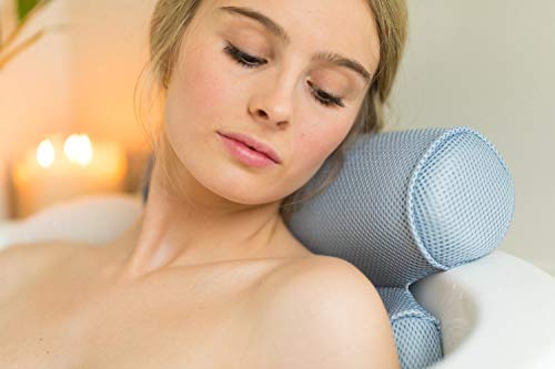 Luxurious 3D Breathable Air Mesh Technology Ergonomic Premium Support Head, Neck, Shoulder, Back Spa Bath Pillow with 6 Suction Cups (Blue)