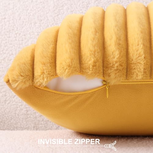 Pallene Faux Fur Plush Throw Pillow Covers 22x22 Set of 2, Luxury Soft Fluffy Striped Decorative Pillow Covers for Sofa, Couch, Living Room, Mustard Yellow