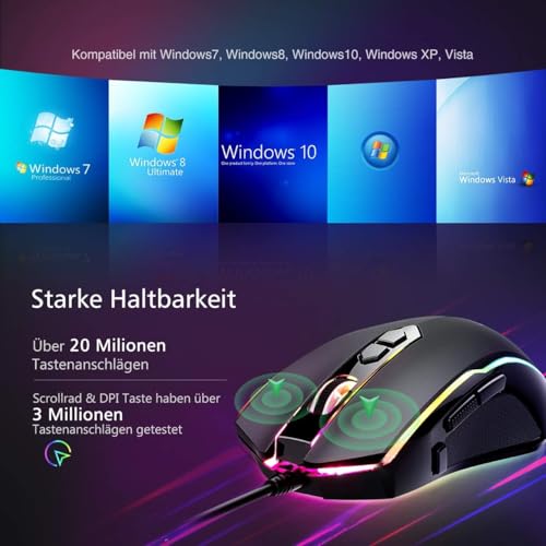 RGB Gaming Maus,Vollion Gamer Maus mit 8 Programmierbare Tasten 7200DPI/RGB-Beleuchtung/Anpassbare Spielprofile,USB-Wired mit ergonomisches Design für MMO, MOBA oder FPS Games für PC/Mac