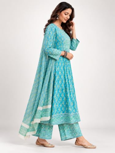 Buy Leriya Fashion Women's Rayon Printed Anarkali Kurta and Turquoise - Image 4