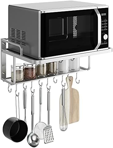 AcornFort K-101 2 Layers Silver Aluminum Alloy Microwave Bracket Oven Rack Stand Kitchen Shelf Holder Walll Mounted Hanging With 10 Hooks
