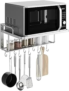 AcornFort K-101 2 Layers Silver Aluminum Alloy Microwave Bracket Oven Rack Stand Kitchen Shelf Holder Walll Mounted Hanging With 10 Hooks