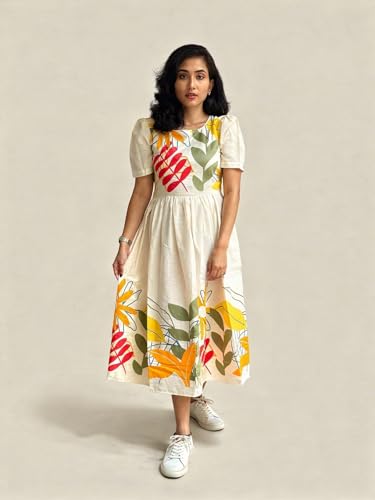 Image of Women's Pure Cotton Midi Dress - White with Orange & Red Leaf Print, Short Sleeves