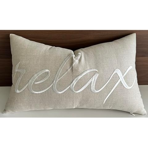 EURASIA DECOR Relax Linen Embroidered Decorative Lumbar Accent Throw Pillow Cover - Housewarming, Guest, Entryway, Family, Farmhouse, Beach House, Porch, Bench - 12x20 Inches, Natural Cover