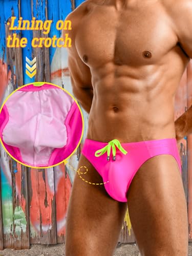 Mens Swim Briefs Sexy Underwear, Neon Drawstring Bikini Swimwear Pool Party, Micro Thong Swimsuit Beach Tan Through4
