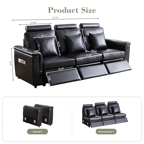 Image of RARZOE Manual 3-Seater Recliner Sofa, Faux Leather 3 Seat Reclining Couches with Headrest, Modern Comfy Recliner Sofa Set with 3 Recliner Chairs for Living Room Home Theater, Black