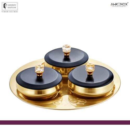 Image of Sanjeev Kapoor Stainless Steel Diamond Nut Bowl Serving Set 7 Pcs | 3 Bowls with 3 Lids and 1 Tray | Elegant Storage & Serving Bowl Set for Dry Fruits, Snacks, and Festive Use