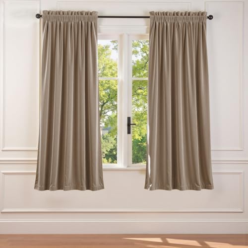 Image of Light Taupe Velvet Curtains Warm Rod Pocket 52x72 Inch 2 Panels | Soft Velvet, For Small Windows, Kitchens & Bathrooms, Light Shifting Texture, Elegant Luxury Drape, Rich, Rod Pocket