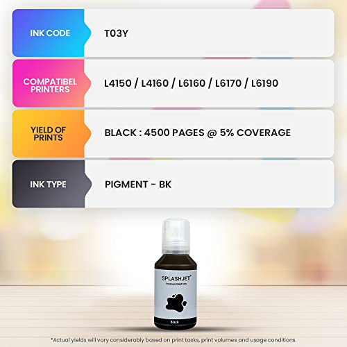Image of Splashjet T03Y Compatible Refill Ink for Epson L4150, L4160, L6160, L6170, L6190 Printer - Compatible Ink Bottle for Epson T03Y Ink Code (120gm x 1) Black Ink Bottle - 501848