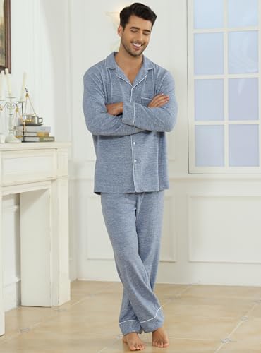 Image of Veseacky Mens Pajamas Set Long Sleeve Soft Pajamas for Men Button Down Sleepwear Pjs Lounge Sets with Pockets S-2XL