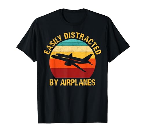 Fácilmente distraído por Aviones, Regalos de piloto, aviación Divertida Camiseta, Hombre, Negro, M