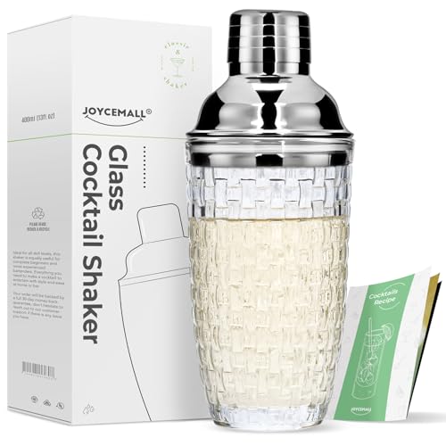 Glass Cocktail Shaker Kit, JOYCEMALL 13 Ounce Martini Mocktail Making Set with Leakproof Metallic Steel Lid & Strainer for Home Use & Bar Cart - Silver