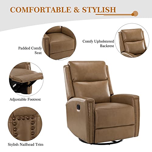Hulala Home Genuine Leather Swivel Rocker Recliner, Manual Glider Recliner Chair With Adjustable Backrest & Footrest, Modern Home Theater Lounge Sofa Armchair For Living Room Bedroom, Taupe #TOP5