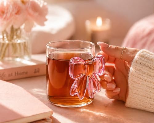 Image of Cute Bow-Shaped Glass Coffee Mug, Heat-Resistant Clear Glass Tea Cup with 3D Ribbon Design, Aesthetic Drinkware for Coffee, Tea, Gift for Girls & Women (300ml) (1-PCS)