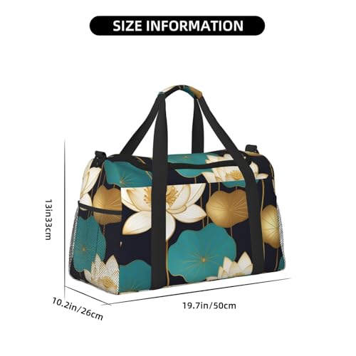 Boho Gold Lotusflowers Print Travel Duffle Bag - Foldable Personal Item Travel Bag for Women & Men,Carry-On Convertible Crossbody Tote Bags with Adjustable Shoulder Strap & Pockets 13x10.2x19.7 in4
