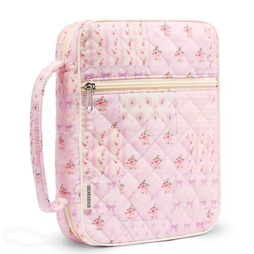 shirabags Quilted Bible Cover Case for Women - Elegant Cotton Bible Bag for Study, Church, Christian Gifts for Women (Pink pin, L)