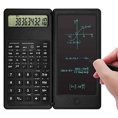 VANLON Fold Upgrade Scientific Calculators with Tablet, LCD Large Display 12-Digit Engineering Calculator with Erasable Writing Tablet, Multi-Function Pocket Calculators for School (Black)