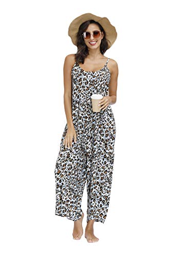 Wexcen Womens Floral Printed Jumpsuits Casual Sleeveless Spaghetti Strap Rompers Wide Leg Pants With Two Pockets (Blue Leopard, L) #TOP2