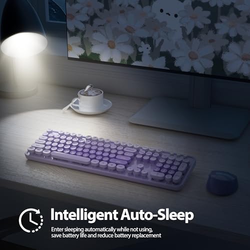Image of Fogruaden Purple Retro Typewriter Keyboard and Mouse Wireless, 2.4GHz Office Full-Sized Colorful Computer Keyboard with Number Pad and Cute Mouse for Windows PC Desktops Laptop