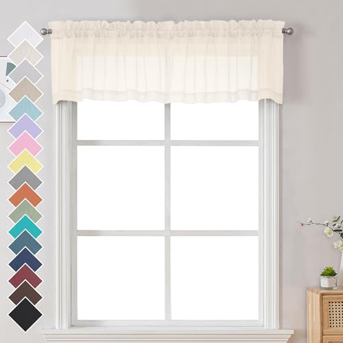 Image of Chyhomenyc Cream Sheer Valances for Windows 2 Pack, Small Window Curtains for Living Room Bathroom Cafe Laundry Basement, Modern Top Dual Rod Pocket Voile Curtain, 42W x 14L inches