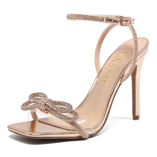 Image of Women's Double Bowknots Heels Crystal Sandals, Silver Strappy High Heels for Women Open SquareToe Clear Heels Wedding Shoes Ankle Strap Crystal Rhinestonefor