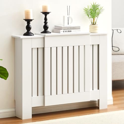 LEMROE Extendable Radiator Cover White Horizontal Adjustable Heater Cover With Modern Slats Shelf Wooden Decorative for Living Room Hallway (W75-105cm)