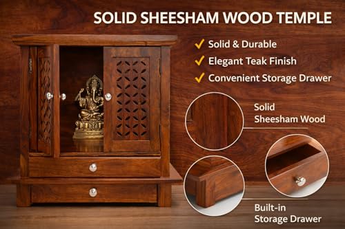 Image of Wudniture Solid Sheesham Wood Handcrafted Temple for Home & Puja Room (Natural Teak Finish) | Wooden Pooja Mandir