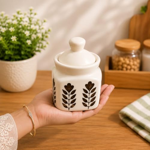 Image of Niyara Multipurpose Storage Ceramic Pickle set Jars with Lid & tray (Set of 4, 300 ml) (DARK FLOWER PRINT)