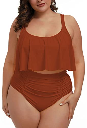 Pink Queen Women Plus Size Swimsuits Tummy Control Ruffle 2 Piece High Waisted Bathing Suit Swimwear