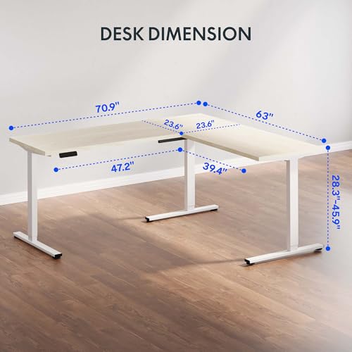 Image of FLEXISPOT L Shaped Standing Desk, 71 x 63 Inch Electric Height Adjustable Corner Desk, Sit Stand Computer Workstation, Preset Controller, Home Office, White Frame with Maple Top, White Drawer
