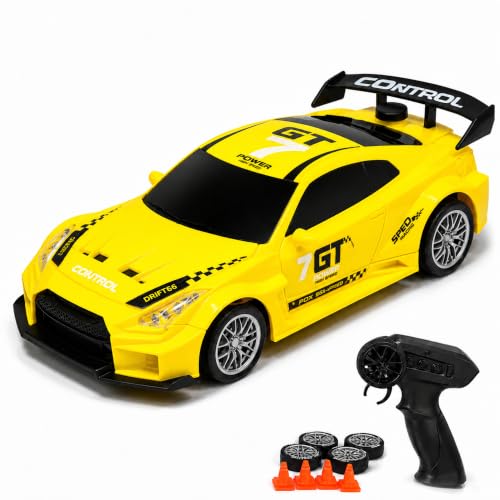 Image of Yellow Remote Control Car Toy | Nissan GT | Rechargeable Remote Control Car | 2.4G Remote Control | Tire Replacement | High Speed Motor | 100m Range | LED Light | Birthday Gift for Kids
