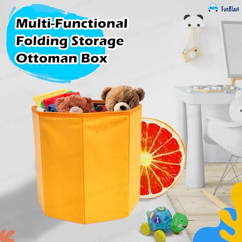 Image of FunBlast Cardboard Multi-Functional Folding Storage Ottoman Box Organizer Cum Stool with Seat Cushion, Storage Boxes for Toys for Kids, Storage Boxes for Clothes and Other Items for Home (Orange)