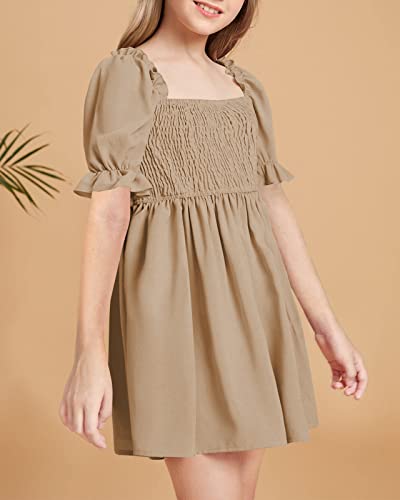 Girls Summer Chiffon Ruffle Mini Dress Square Neck Lantern Short Sleeve Solid A line Dress2