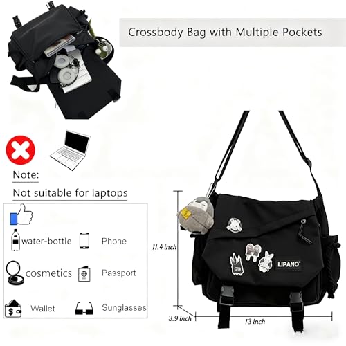 Image of Aesthetic Crossbody Bag with Cute Pins and Ornament, Nylon Shoulder Messenger Bag Japanese Kawaii Bag for Women Men