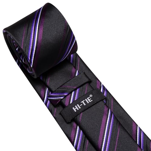 Image of Hi-Tie Mens Black Purple Striped Necktie Classic Formal Woven Necktie Lapel Pin Pocket Square Cufflinks Sets Formal Business Wedding
