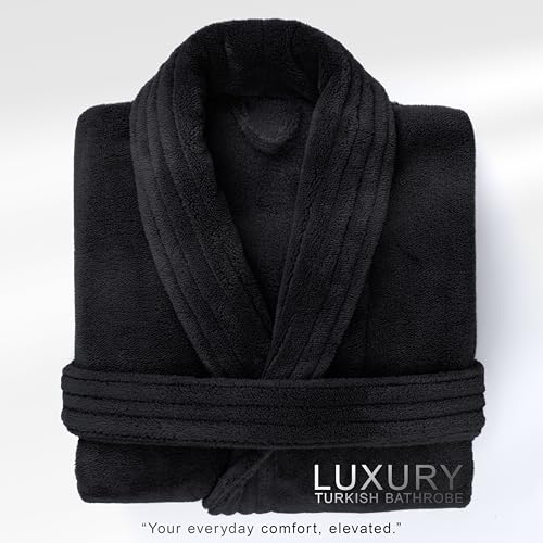 Image of American Soft Linen Women's Fleece Bathrobe - Luxury Soft, Plush, Fuzzy & Warm Turkish Robe for Women, Cozy Spa Quality Adult Bathroom Lounge Robe, Black L