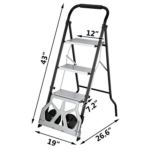 OrangeA Step Ladder Folding Cart Dolly 175LBS Hand Truck with Two Wheels (2 in 1 Ladder)