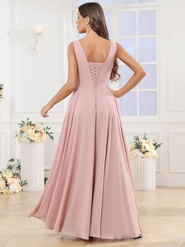 Women's V Neck Bridesmaid Dresses with Pockets A Line Ruffles Ruched Long Slit Chiffon Evening Party Gown