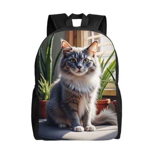 Comfort Fit Unisex Fluffy Gray C Sitting Couch Next to Potted Plant Backpack Durable Daily Commute Travel Adventures 16 in