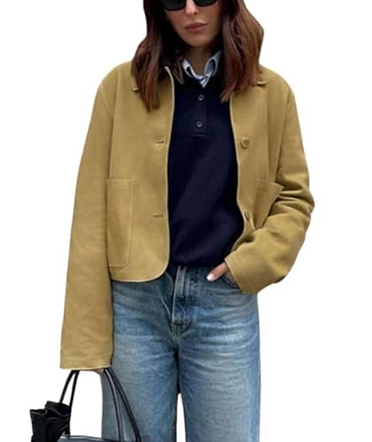 chouyatou Women's Faux Suede Cropped Jacket Casual Button Down Faux Suede Leather Shacket Tops