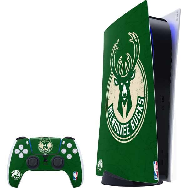 Skinit Decal Gaming Skin Compatible with PS5 Bundle - Officially Licensed NBA Milwaukee Bucks Green Distressed Design