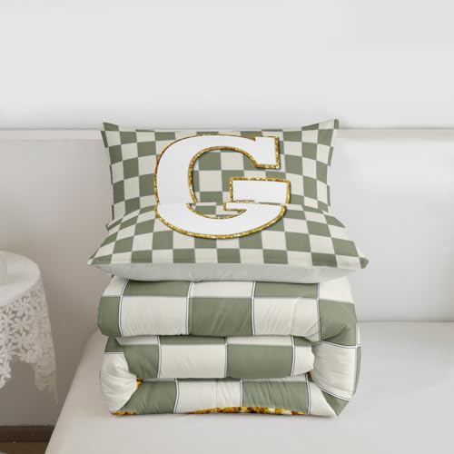 Image of Erosebridal Sage Green Checkered Comforter Set Queen Plaid Initial G Bedding Set Personalized Monogram Comforter for Kids Adults,Fashion Grids Gingham Quilt Duvet