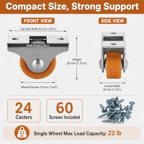CYEAH Furniture Casters - 24 Pcs Small Caster Wheels, 1'' Metal Top TPE Rubber Low Profile, Heavy Duty Non Swivel, Silent Ball Bearings, for Rolling Cabinet Trundle Bed Drawer