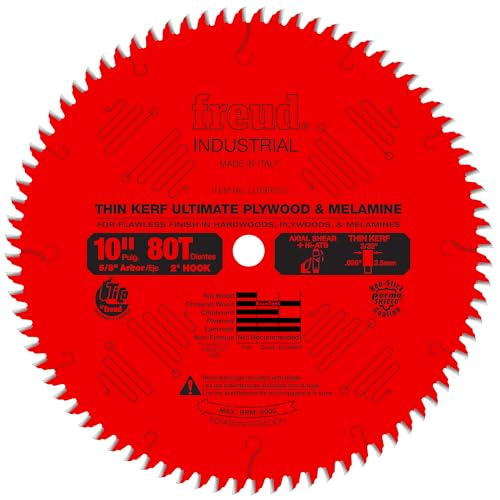 Freud Thin Kerf Ultimate Plywood & Melamine Saw Blade with Premium Tico Hi-Density Carbide Crosscutting Blend for Maximum Performance - 10' Diameter, 80 Teeth - LU79R010