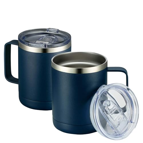 Image of MEWAY 12oz Coffee Mug With Handle 2 Pack Bulk,Stainless Steel Insulated Travel Tumblers With Sliding Lid,Double Wall Vacuum Camping Cup for Hot & Cold Drinks (Navy Blue, 2)