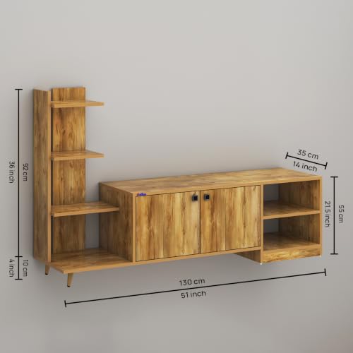 Image of Anikaa Moracca Engineered Wood Floor Standing Modern TV Unit with Side Shelves and 2-Door Cabinet & Open Storage Box Up to 43 inch Entertainment Units | For Living Room-Giantwood Finish | DIY-Installation