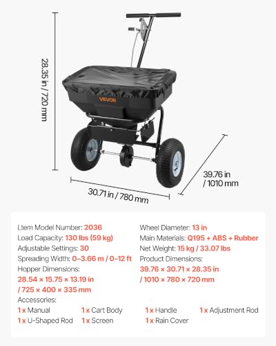 Image of VEVOR Broadcast Spreader 130 lbs Capacity Hopper Walk-Behind Push Spreader | for Lawn & Garden Care, 12 ft Spreading Width, 13 inch All-Terrain Tires, Adjustable Flow Control for Fertilizer Seed Ice Melt | For Lawn & Garden Care, 12 ft Spreading Width, 13 inch All-Terrain Tires, Adjustable Flow Control for Fertilizer Seed Ice Melt