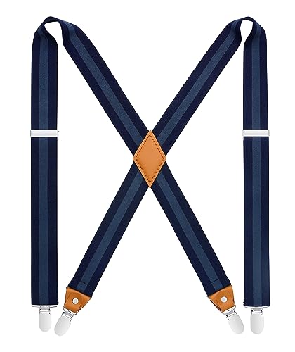 Hisdern Suspenders For Men X-Back 1.4 Inch Navy Blue Striped Adjustable Elastic Suspender Braces Strong 4 Clips For Work Trousers Wedding Formal cover